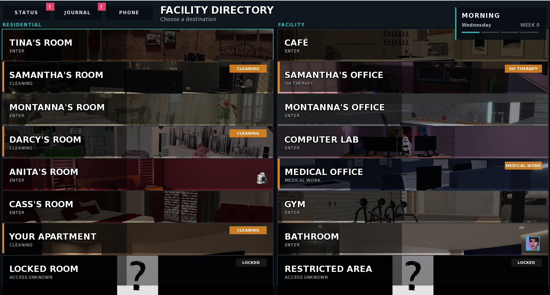 The in-game facility directory with rooms, offices and restricted areas