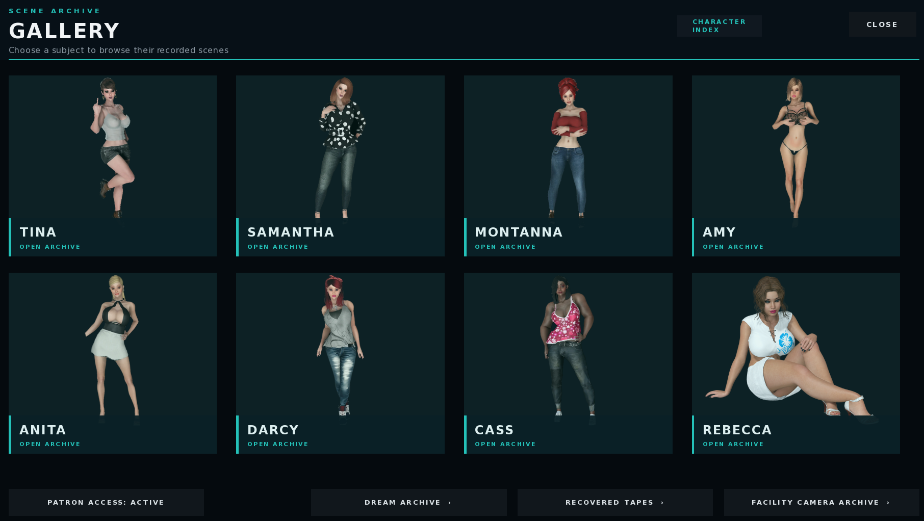The game’s Scene Archive showing eight adult characters